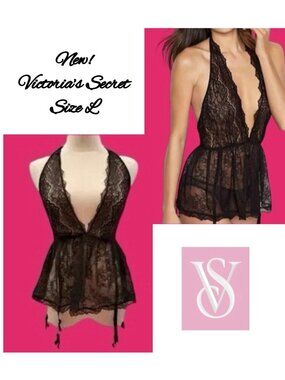Victoria's Secret black lace halter babydoll lingerie w/garter straps - New! Lg